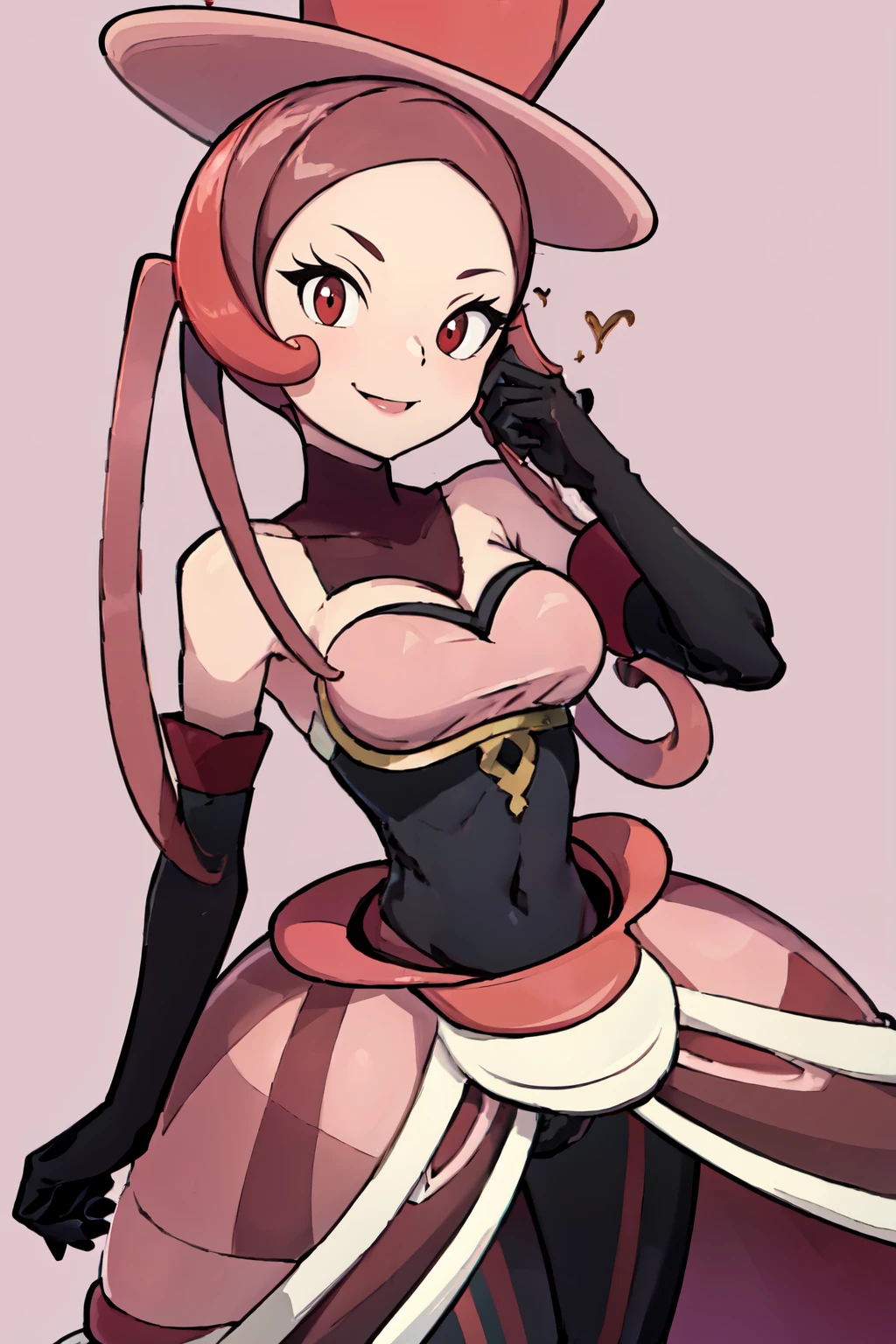 ((masterpiece,best quality)), absurdres,  BREAK, , <lora:Dana_Pokemon:0.8>, zzDana, breasts, long hair, red eyes, pink hair, pink top hat, bare shoulders, pink dress, black elbow gloves, , BREAK, hip to the side, contrapposto,, BREAK, solo, smile, looking at viewer, cowboy shot,