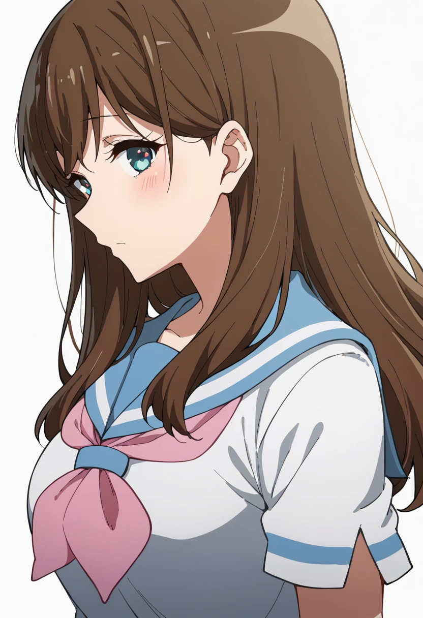 score_9, score_8_up, score_7_up, source_anime, rating_safe <lora:k_mayu_PONY-100007:1> k_mayu, anime coloring, 1girl, long hair, brown hair, blue eyes, half-closed eyes, blush, pink neckerchief, blue sailor collar, kitauji high school uniform, short sleeves, large breasts, looking at viewer, upper body, from side, white background,