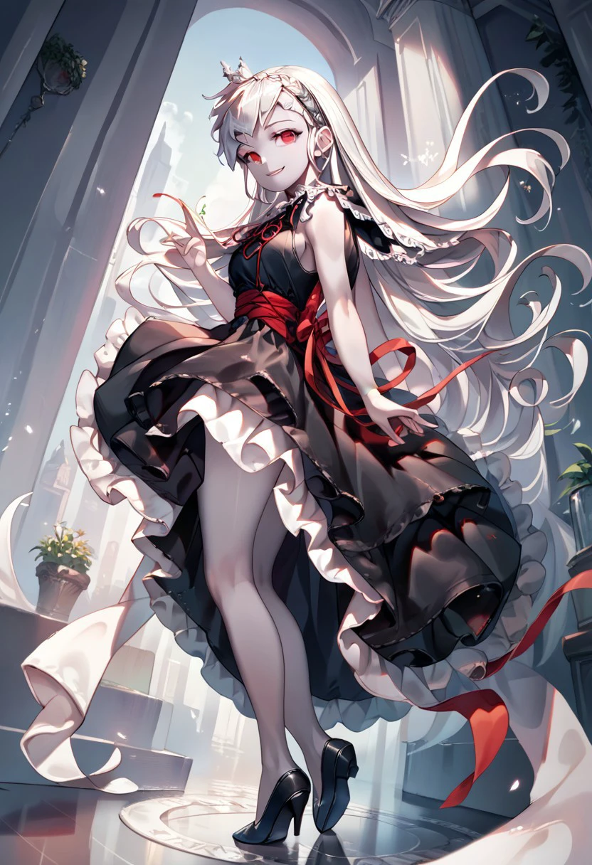 score_9, score_8_up, score_7_up, source_anime, beautiful detailed face,
1girl, solo, Albelda, ALBELDA REGULAR WEAR, Pale skin, fullbody,
fullbody, white long hair, looking at viewer, smile, 
red eyes, dress, ribbon, black dress