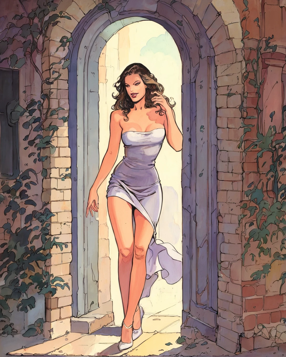 manara, 1girl, solo, long hair, traditional media, beautiful sexy woman standing on the street, in sexy pose, long hair, wearing evening dress, cowboy shot <lora:fallen_ai_PONY_MILO_MANARA_style:1>, zPDXL, score_8_up, score_7_up, score_6_up, score_9, illustration