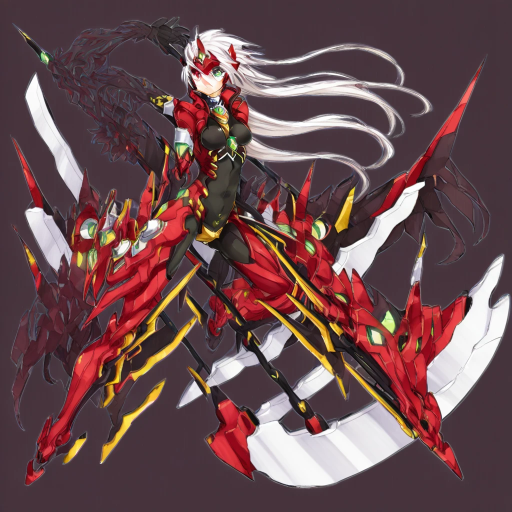 1girl, heterochromia eyes, red eye, green eye, white hair, long hair, forehead protector, black bodysuit, covered navel, crotch plate, gold crotch plate, bridal gauntlets, red armor, shoulder armor, arm armor, mecha musume, mechanical legs, green gemstone, arm blade, weapon, scythe,