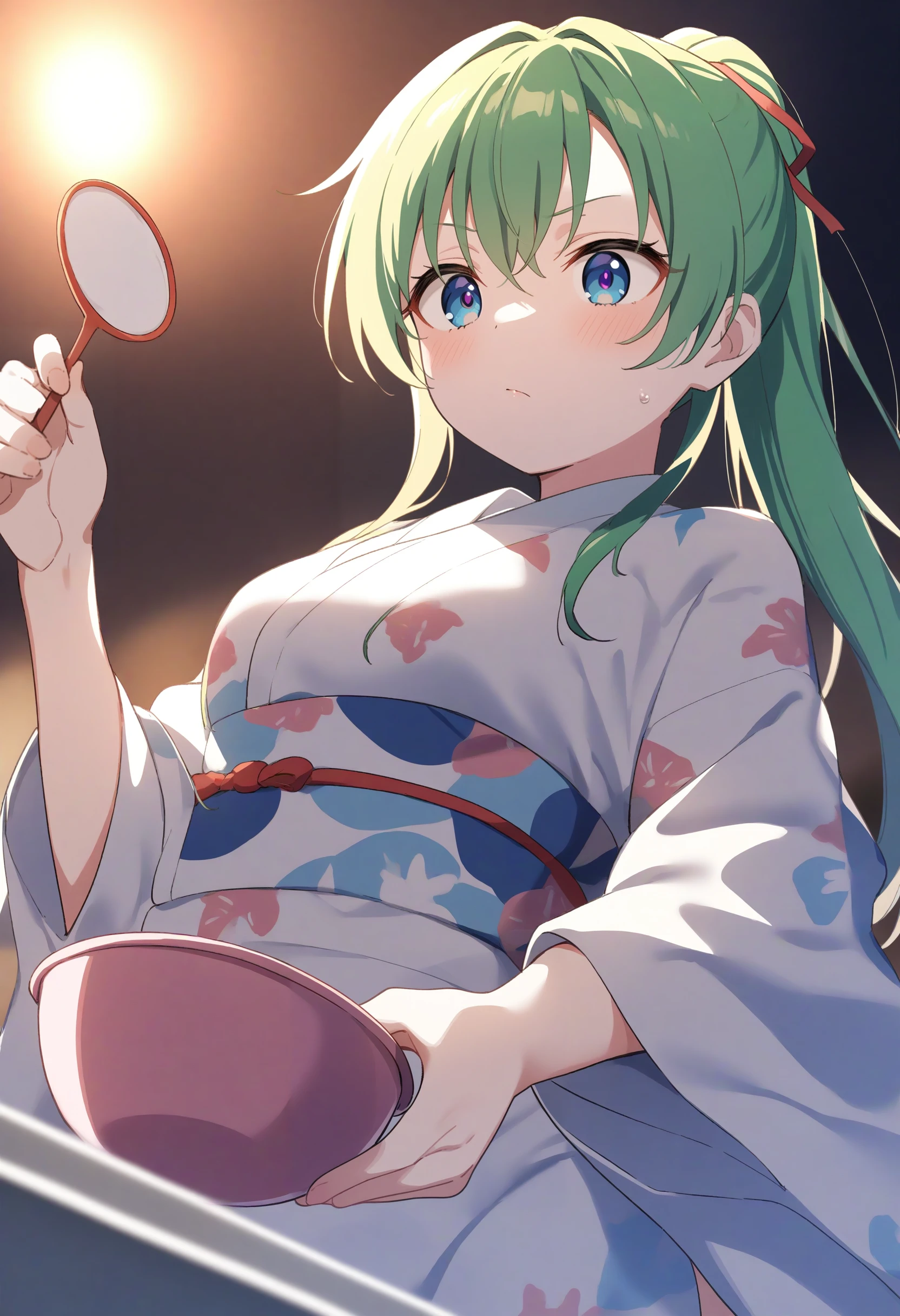 1girl,sincos, ningen mame, toosaka asagi,solo,medium breasts,20yo,
goldfish scooping,poi (goldfish scoop),holding,japanese clothes,yukata,water, <lora:goldfishscooping_XL_v1:0.8>
from below, panorama shot, looking up, green hair, pink eyes,evil, closed mouth, braid ponytail hair,,
best quality, very aesthetic, absurdres