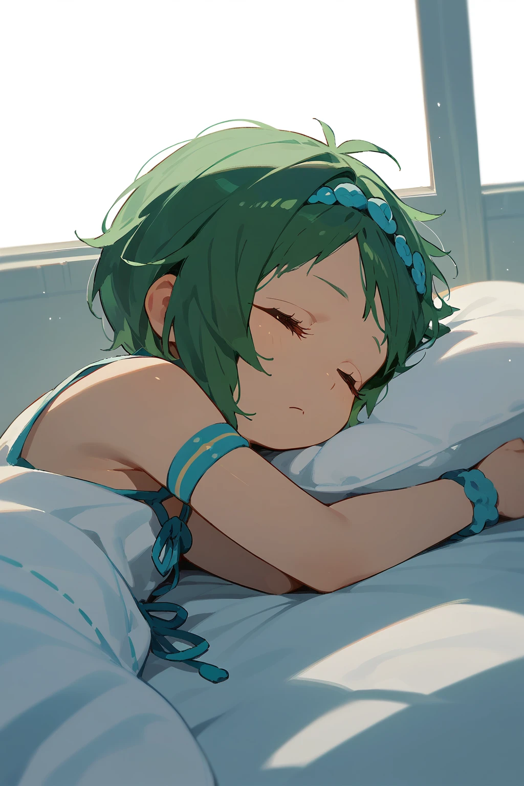 green hair, short hair, typhon, sleeping, adorable, side view, lay on side <lora:Typhon_Rezero:1>, (score_9,score_8_up,score_7_up)