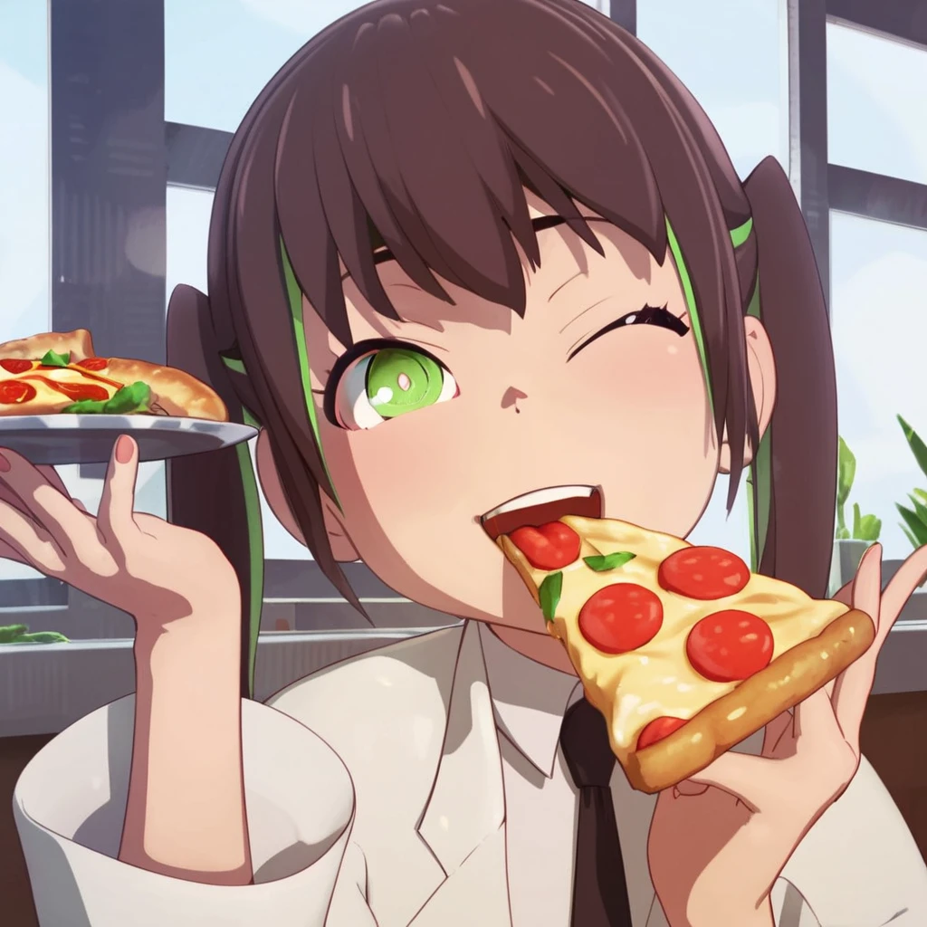 score_9, score_8_up, score_7_up, score_6_up, score_5_up, score_4_up, source_anime, , Chika, labcoat, happy, eating pizza