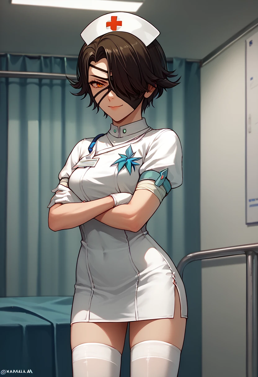 score_9, score_8_up, score_7_up, solo, 1girl, cinderatlas, smirk, looking at viewer, standing, crossed arms, short hair, hair over one eye, eyepatch, nurse, white dress, short dress, short sleeves, white gloves, white thighhighs, indoors, hospital <lora:rwby_cinderfall_ponyXL-ATLAS-000008:1>