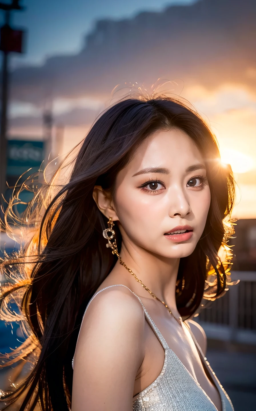 <lora:Tzuyu_V1:1> TzuYu,,,, (realistic), (hyperrealism), (photorealistic:1.4), 1girl, looking at the viewer, eye makeup, detailed eyes, detailed face, (upper body:1.2), detailed background, black dress, walking at the streets, sunset, (windy:1.2)