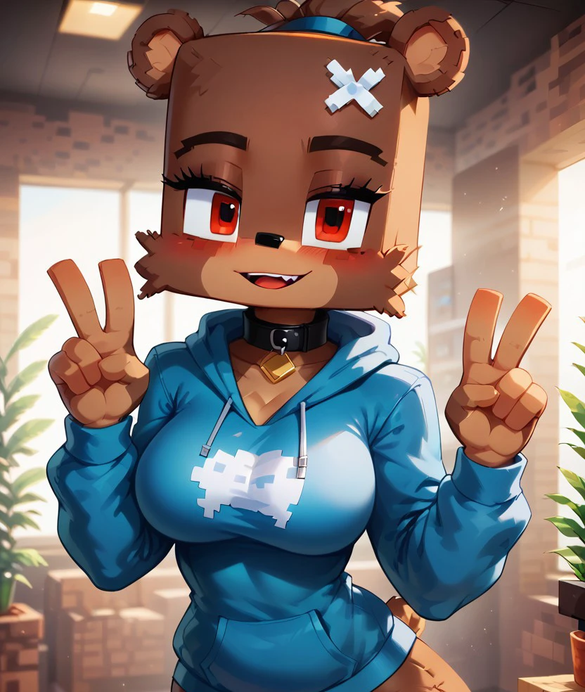 score_9, score_8_up, score_7_up, ultra quality, minecraft, 1girl, Beaxl, anthro, red eyes, brown fur, collar, blocky head, pointy ears, eyebrows, blocky body, breasts, blocky limbs, hoodie, hand raised, v sign, minecraft background