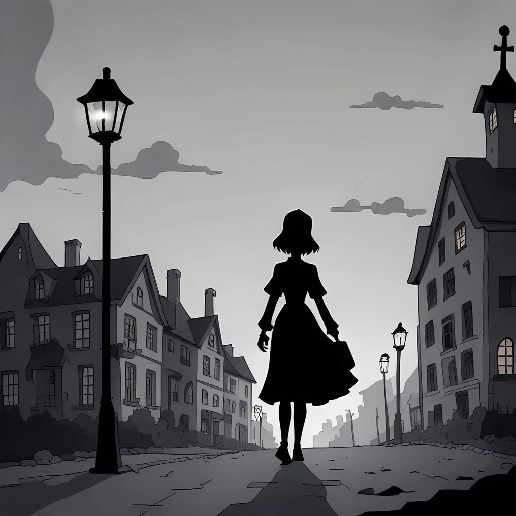 s_darkcore style, girl walking, old town, a skeleton, midnight, backstreet, street lamp, gothic, creepy buildings