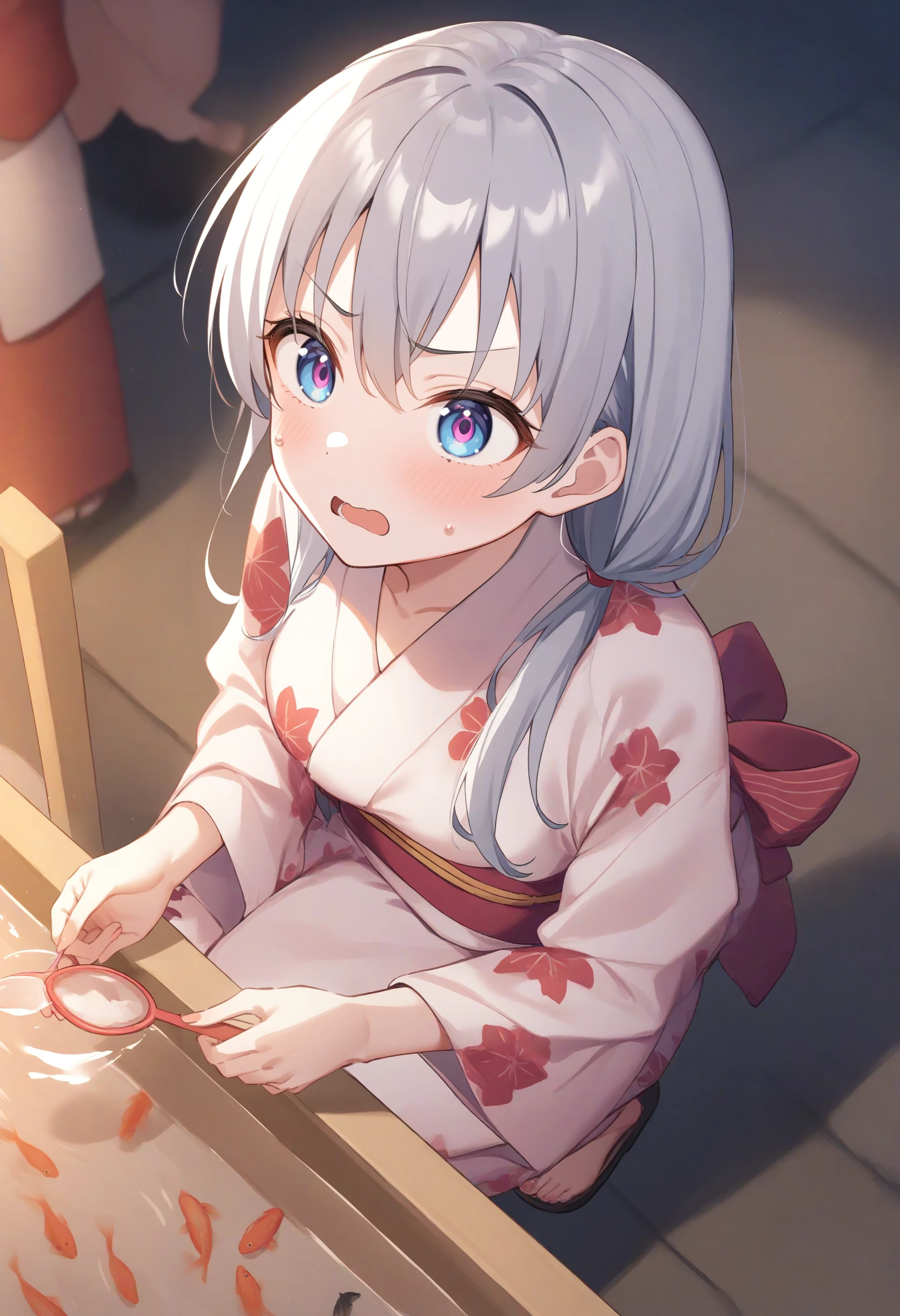 1girl,sincos, ningen mame, toosaka asagi,solo,medium breasts,20yo,
goldfish scooping,poi (goldfish scoop),holding,japanese clothes,yukata,water, <lora:goldfishscooping_XL_v1:0.8>
from above, panorama shot, looking up, gray hair, pink eyes,disgust, open mouth, low twintails hair,,
best quality, very aesthetic, absurdres