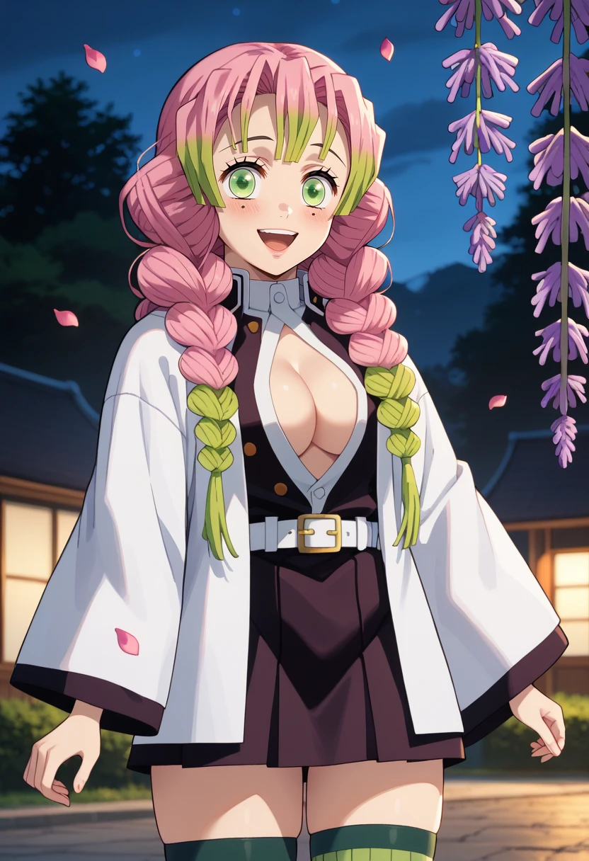 score_9,
<lora:KimetsuNoYaiba_KanrojiMitsuriXL:0.9>, KanrojiMitsuri,
1girl, solo, open mouth, smile, blush,
multicolored hair, pink hair, green hair, multiple braids, green eyes, lips, mole under each eye,
haori, black jacket, open clothes, cleavage, wide sleeves, white belt, black skirt, ribbed thighhighs, green thighhighs,
standing, looking at viewer, thigh gap,
outdoors, blurry background, photo background, night, sakura tree, wisteria, falling petals