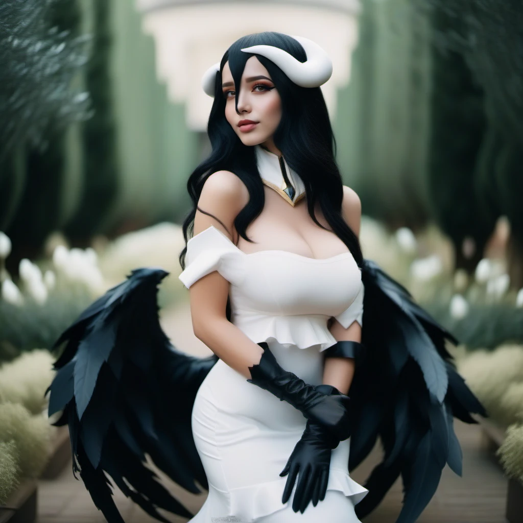 cinematic photo full body portrait of 1girl, breast, horns, black long hair, gloves, black wings, white dress, garden  <lora:Albedo1024:0.8> . 35mm photograph, film, bokeh, professional, 4k, highly detailed