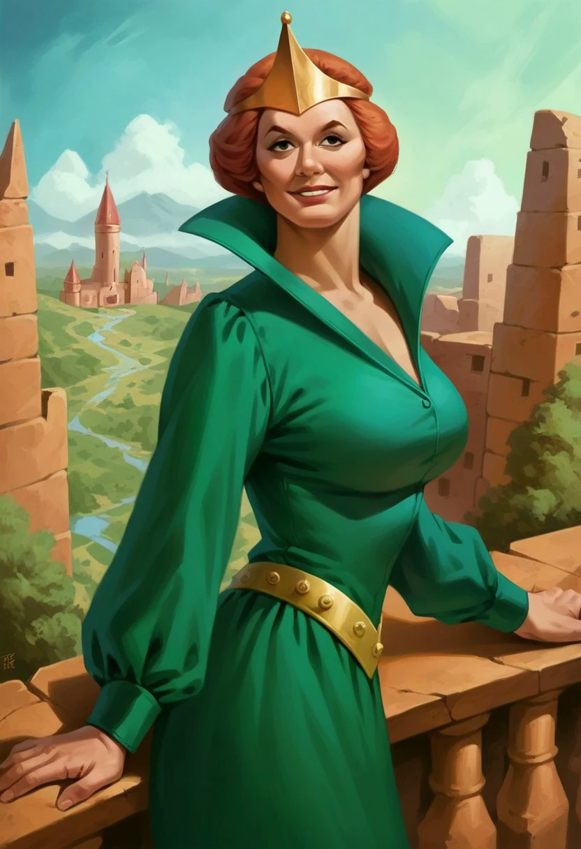 score_9_up, score_8_up, score_7_up, score_6_up, 1girl, solo, (queen_marlena), large breasts, Red hair, Gold Crown, Green Dress, Yellow Belt, standing on the balcony of a castle, fantasy landscape, warm smile, (realistic), (Painted art:1.3)