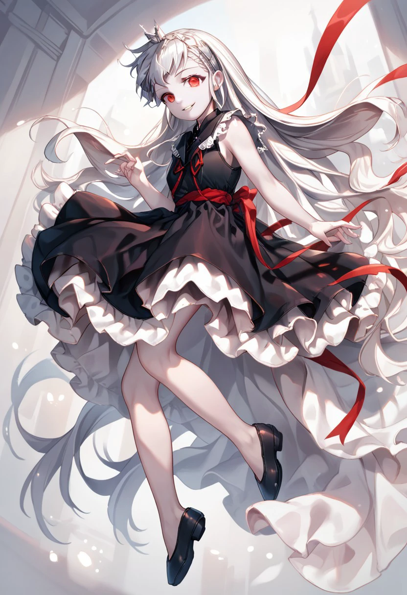 score_9, score_8_up, score_7_up, source_anime, beautiful detailed face,
BREAK,
1girl, solo, Albelda, ALBELDA REGULAR WEAR, Pale skin, fullbody,
fullbody, white long hair, looking at viewer, smile, 
red eyes, dress, ribbon, black dress