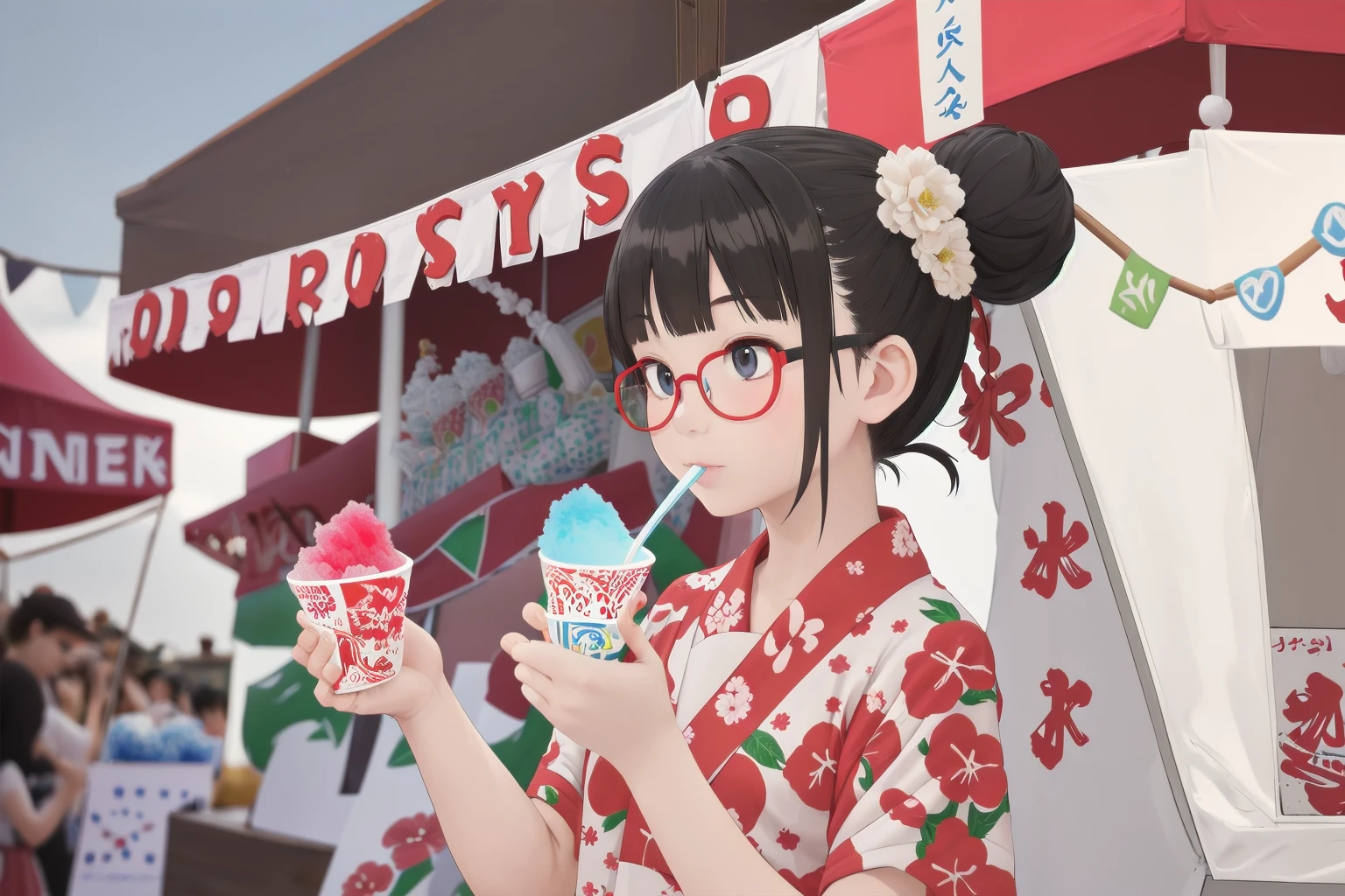 masterpiece, best quality, very aesthetic, absurdres,
1girl, solo, glasses, black hair, short hair, hair bun, hair ornament, yukata, floral print, 
holding spoon, holding, holding food, kakikoori_red, shaved ice, cup, food, spoon, outdoors, yatai, blurry background, 
<lora:kakikoori_SD15_V2:1>