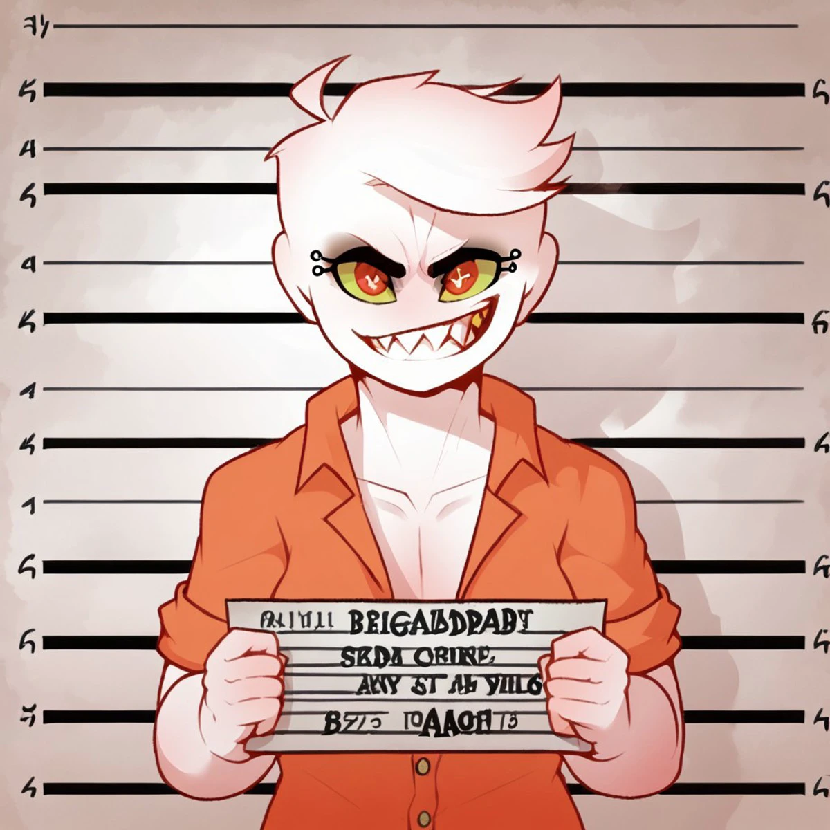 <lora:Mugshots style:0.8> ,mugshot style, mugshot  wall, holding a sign in front of mugshot wall, athletic, sugar_(dabble), colored skin, white skin, standing, upper body, waist up, circle shaped pupils, orange eyes, green sclera, grinning, sharp teeth, head tilt, loose orange shirt, messy chlotes, partly open shirt, holding a sign, text on sign "SUGAR" , looking at viewer, score_9, score_8_up, score_7_up, score_6_up, score_5_up, score_4_up, ponypositive, pin-up,