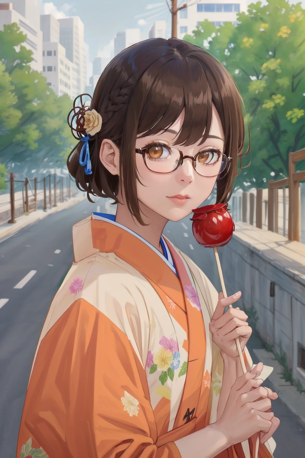 masterpiece, best quality, very aesthetic, absurdres, glasses,
ringoame, 1girl, food, brown hair,  japanese clothes, kimono, candy apple, hair ornament, looking at viewer, hair flower, brown eyes, flower, holding food, upper body, holding, short hair,  outdoors, bangs
<lora:ringoame_SD15_V1:0.8>