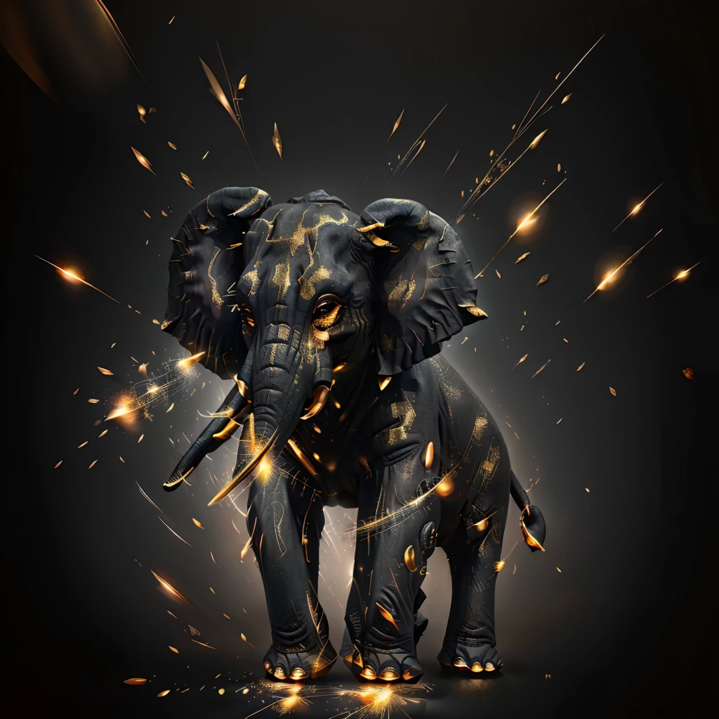 black background, no humans, simple background, still life, black and gold elephant, breaking, light particles, blk_&_gold, evang, black and gold<black and gold_epoch_7:1>