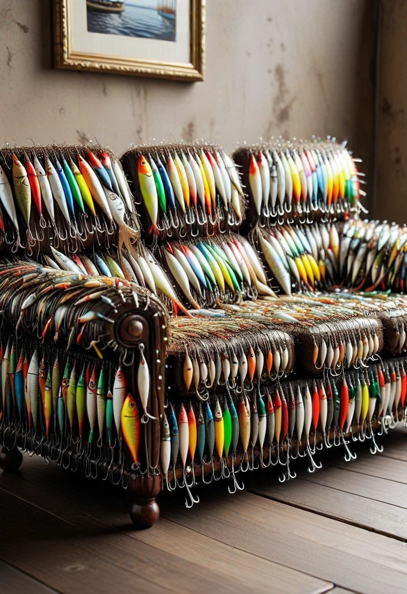 F15HLUR35, a couch made of fishing lures,  set in a living room, ,Masterpiece,best quality, raw photo, realistic, very aesthetic