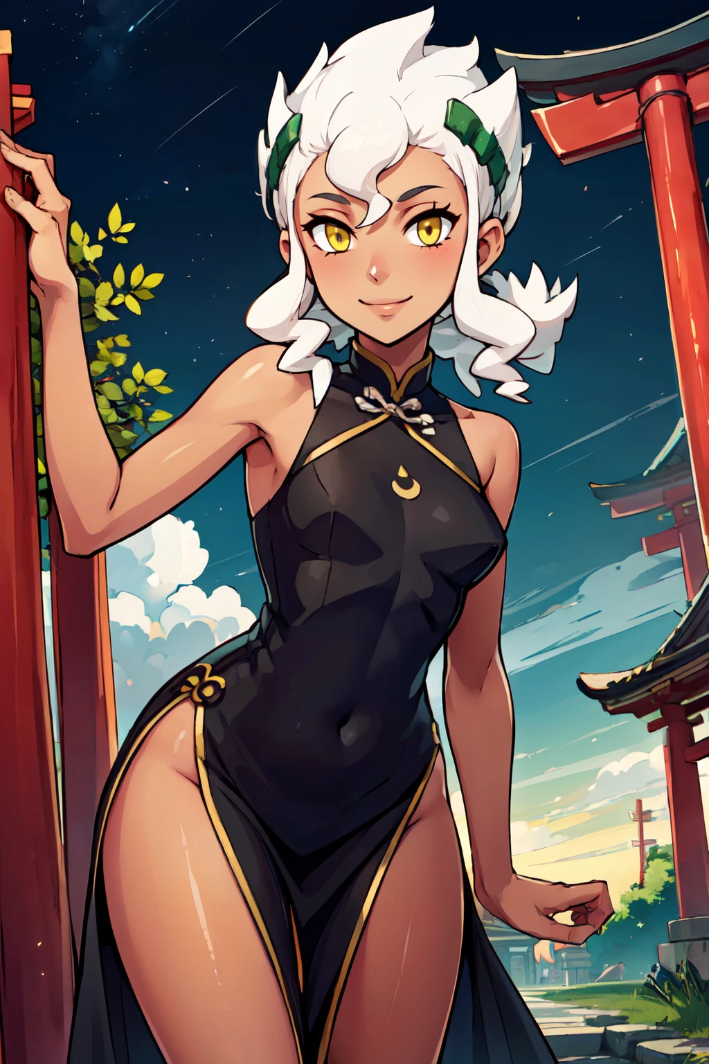 ((masterpiece,best quality)), absurdres,  BREAK, , <lora:Burnet_Pokemon:0.8>, zzBurnet, white hair, dark skin, yellow eyes, long hair, , BREAK,  china dress, pelvic curtain, side slit, sleeveless, print dress, covered navel, no panties, outdoors, night, torii, shrine, east asian architecture, leaning forward, hand on own thigh, from above,, BREAK, solo, smile, looking at viewer, cowboy shot,