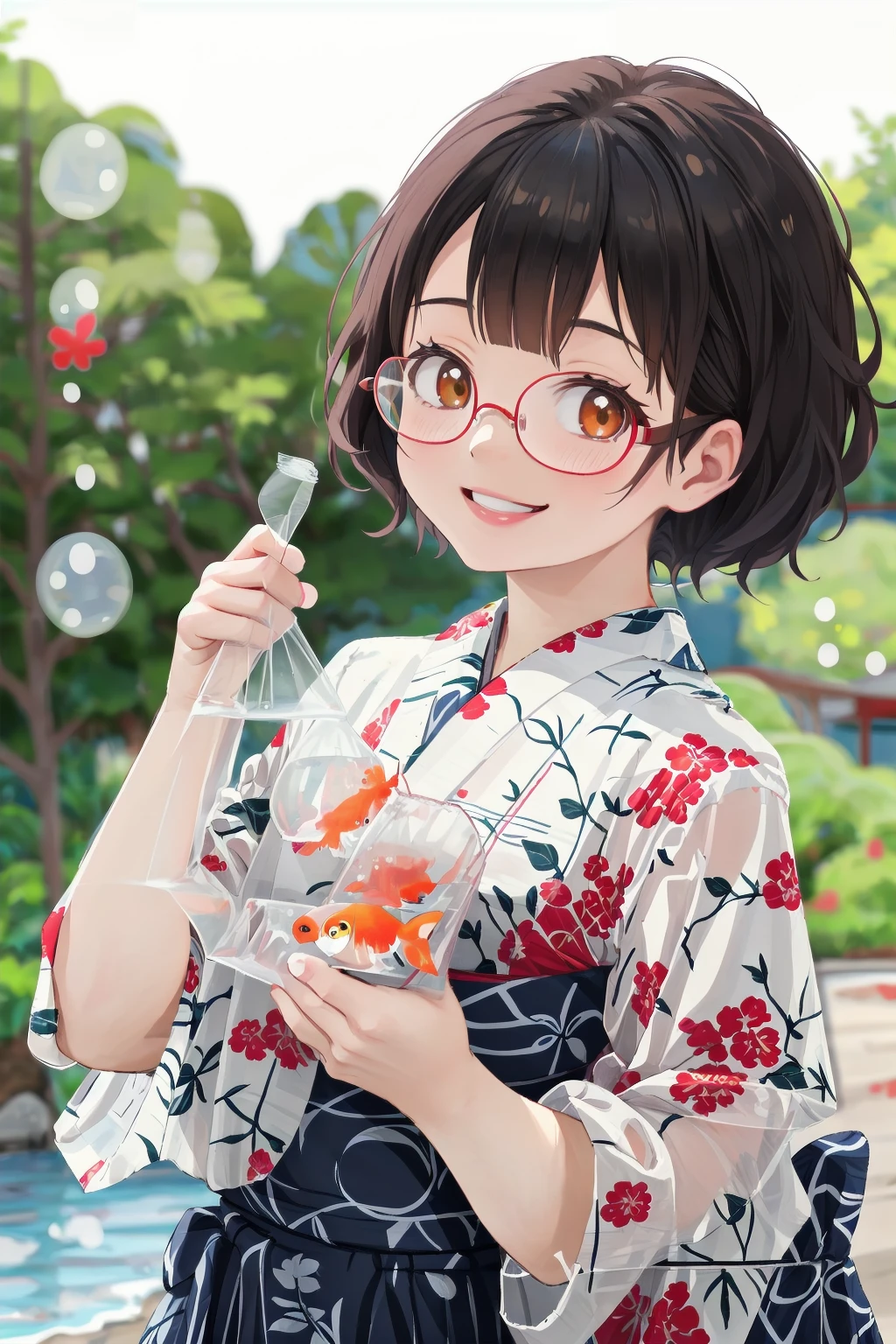 masterpiece, best quality, very aesthetic, absurdres,
kingyofukuro, bagged fish, goldfish, smile, fish, 
1girl, solo, glasses, smile, yukata, short hair, looking at viewer, black hair, blurry background, upper body, uchiwa, Water balloon, uchiwa, bangs, 
 <lora:kingyo_fukuuro_SD15_V1:0.8>