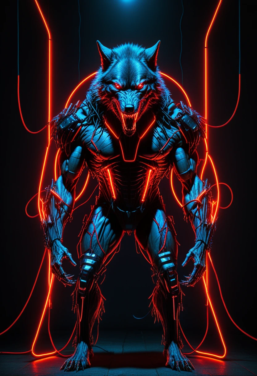 D_Ewir3s , Dark electric neon wires,
dark cyberpunk art, cyber-wolf, solo, teeth, no humans, fangs, red eyes, standing, full body, claws