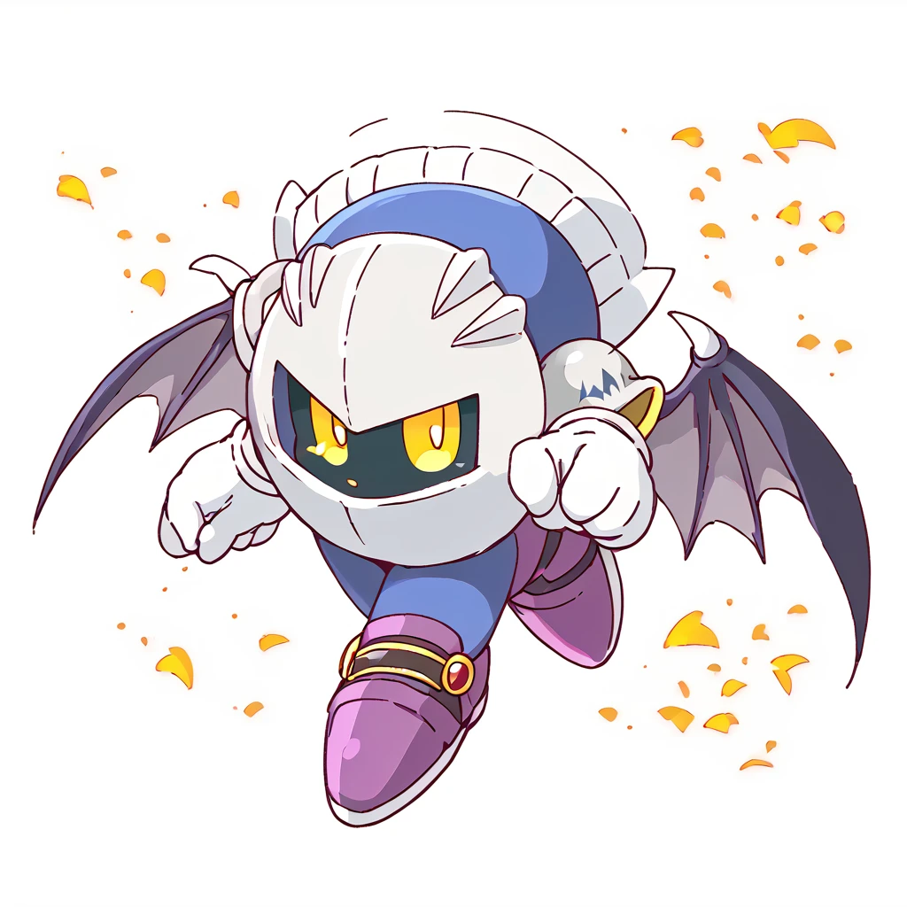 solo, (thick lineart:1)
 <lora:KirbyJP:1>
 <lora:Metaknight:0.8> Metaknight, Bat wings, Yellow eyes, white gloves, purple footwear