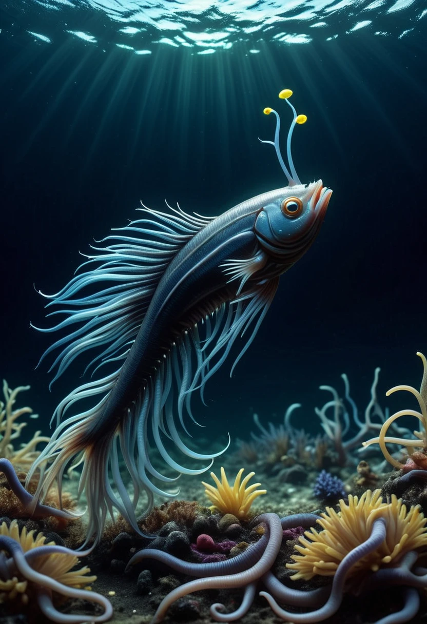 L33CH3S, a fish made of leeches,  swimming in the ocean, set in the ocean, with diverse marine life, glowing flora, serene ambiance, magical light, ,Masterpiece,best quality, raw photo, realistic, very aesthetic