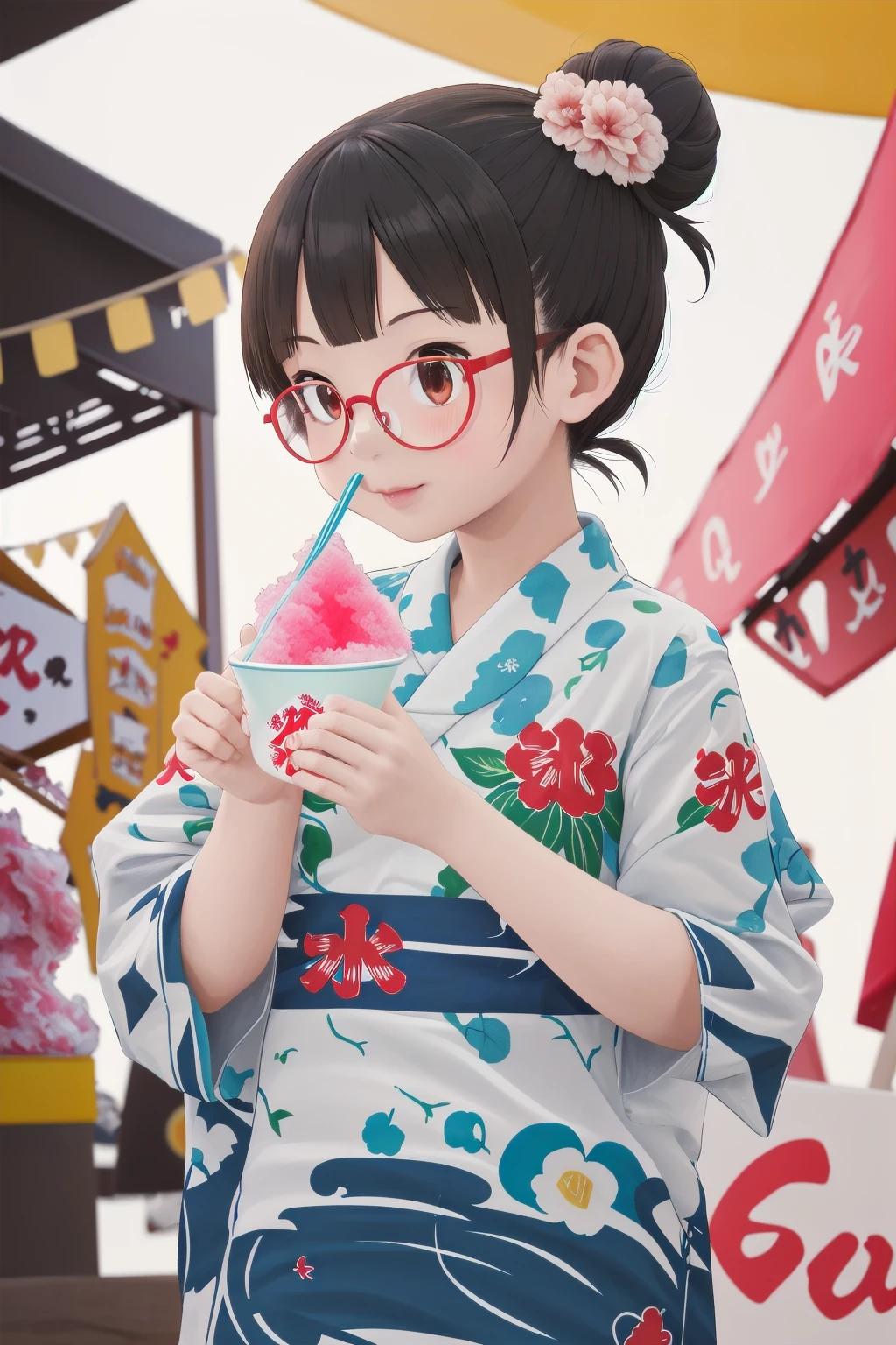 masterpiece, best quality, very aesthetic, absurdres,
1girl, solo, glasses, black hair, short hair, hair bun, hair ornament, yukata, floral print, 
holding spoon, holding, holding food, kakikoori_red, shaved ice, cup, food, spoon, outdoors, yatai, blurry background, 
<lora:kakikoori_SD15_V2:1>