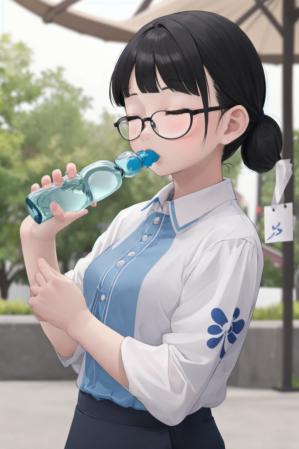 masterpiece, best quality, very aesthetic, absurdres,
ramune, food, 1girl, solo, glasses, black hair, drinking, bottle, closed eyes, blurry background, holding, upper body, shirt, depth of field, holding bottle
 <lora:ramune_SD15_V1:0.6>