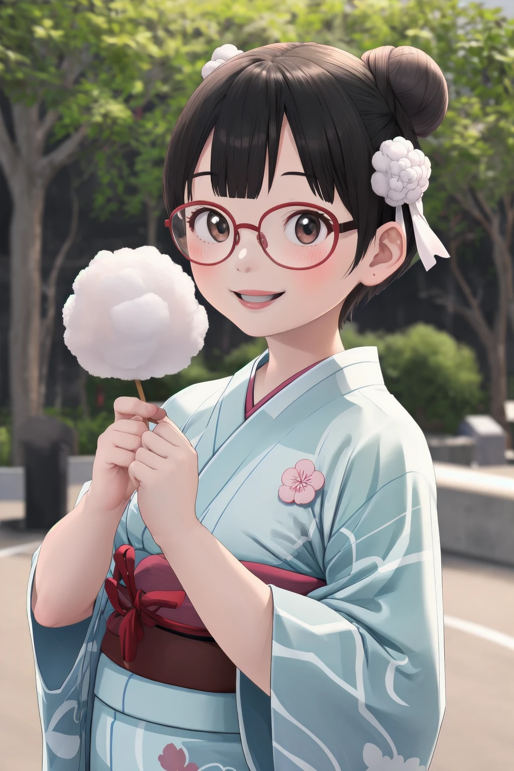 masterpiece, best quality, very aesthetic, absurdres, glasses,
1girl, solo, glasses, black hair, short hair, hair bun, yukata, happy, smile, holding, holding food, upper body, 
holding, holding food, food, cotton candy, outdoors, depth of field, blurry background,
 <lora:wataame_SD15_V1:0.6>