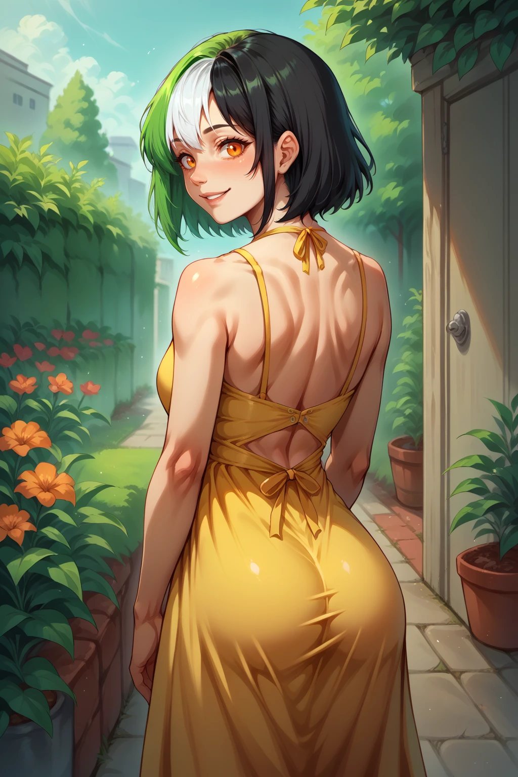 score_9, score_8_up, score_7_up, BREAK <lora:NSMelionPalHair:1> NSMelionPalHair, green hair, black hair, white hair, multicolored hair, from behind, looking back, garden, yellow sundress, medium hair, smile, orange eyes,