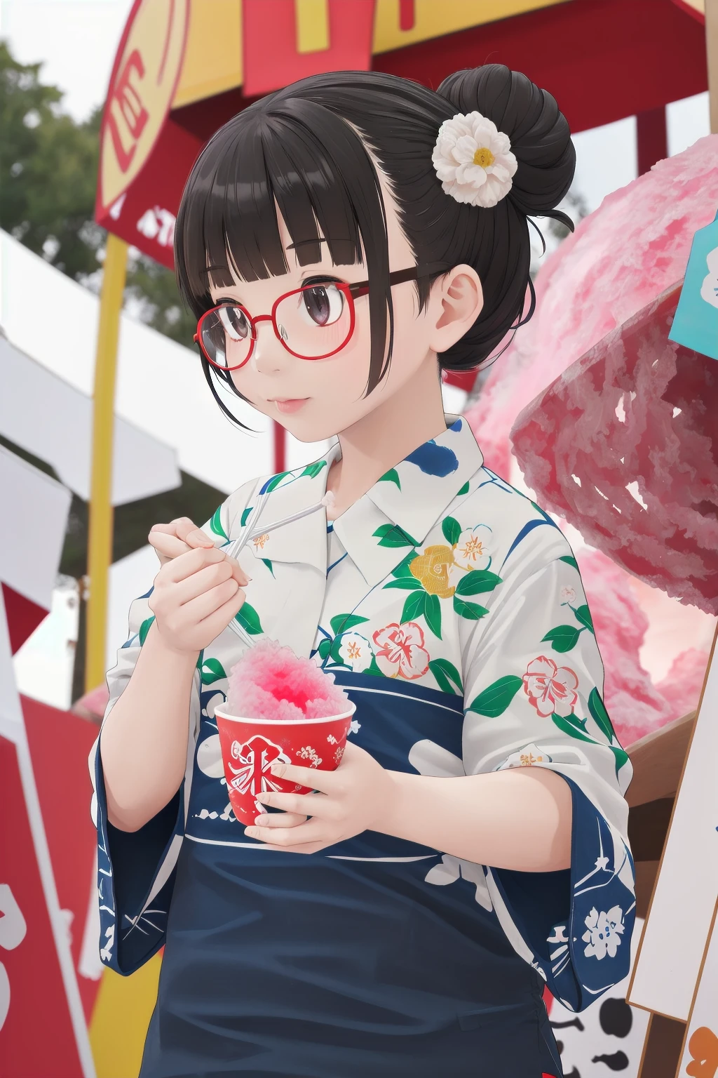 masterpiece, best quality, very aesthetic, absurdres,
1girl, solo, glasses, black hair, short hair, hair bun, hair ornament, yukata, floral print, 
holding spoon, holding, holding food, kakikoori_red, shaved ice, cup, food, spoon, outdoors, yatai, blurry background, 
<lora:kakikoori_SD15_V2:1>