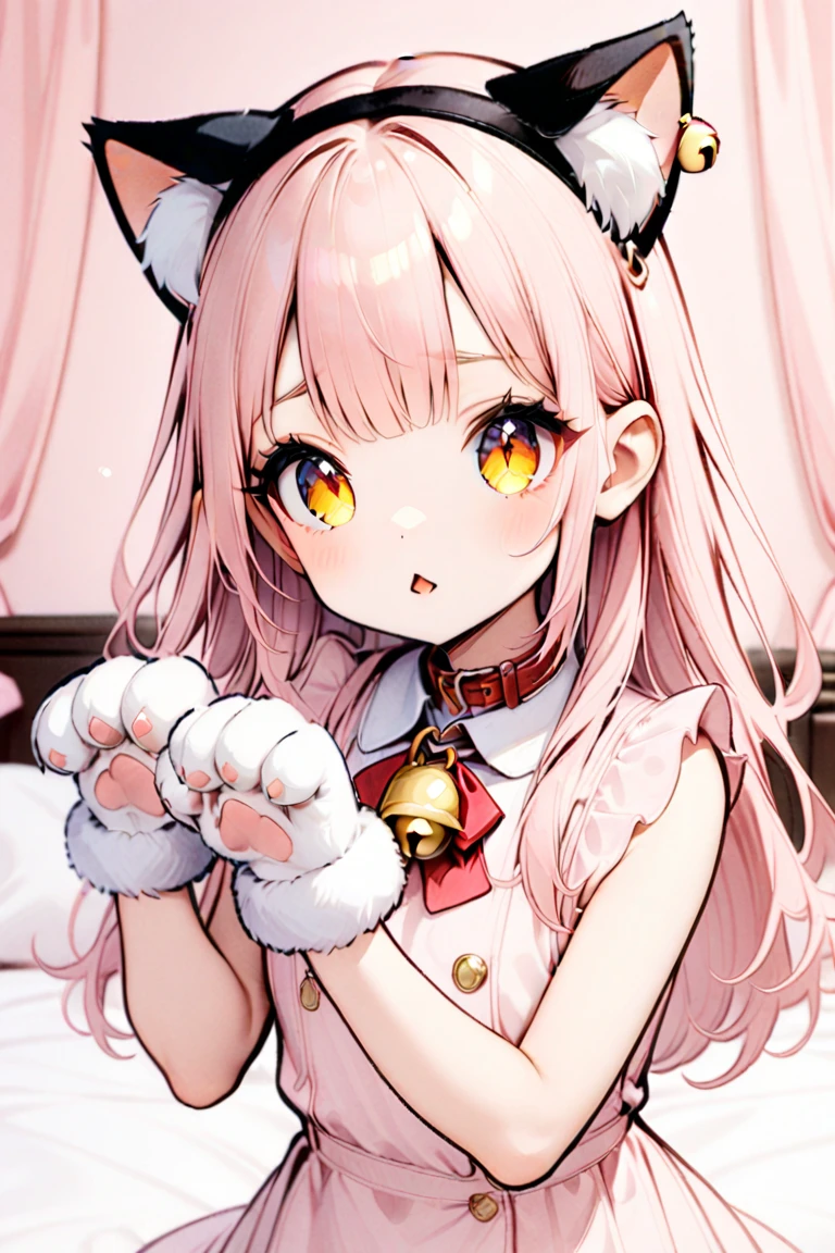 1girl,bell pierce cat ear,close up to ear <lora:bellearsXL:0.6>,pet pose,bedroom,pink hair,long hair,detailed bell,