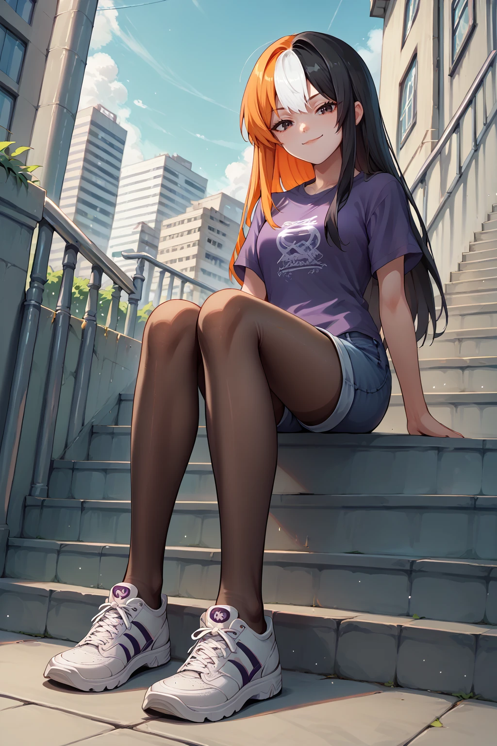 score_9, score_8_up, score_7_up, BREAK source_anime, <lora:NSMelionPalHair:1> NSMelionPalHair, orange hair, black hair, white hair, multicolored hair, white tee, long hair, purple t-shirt, denim shorts, pantyhose under shorts, pantyhose, sitting, stairs, outdoors, city, sneakers, dutch angle, full body, from below, looking at the viewer, smug