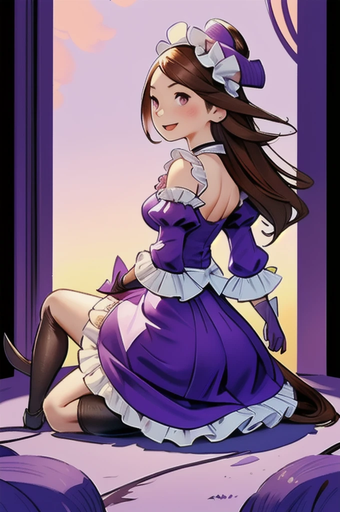 1girl, alternate costume, blush, smile, breasts, full body, bare shoulders, brown hair, long hair, choker, cleavage, purple eyes, detached sleeves, dress, frilled choker, frilled dress, frilled hairband, frilled sleeves, frills, hairband, headdress, hetero, large breasts, maid fashion, maid hairband, long hair, long sleeves, maid headdress, medium breasts, open mouth, purple bow, purple dress, purple footwear, purple gloves, purple headwear, purple jacket, purple legwear, purple ribbon, purple shirt, purple skirt, purple sleeves, looking at viewer, outdoors, sitting, chair, waterfall and rainbow, from back, afternoon, <lora:, styles\Akihiko_Yoshida_Chibi_clip_skip-000017.safetensors, :1.0>