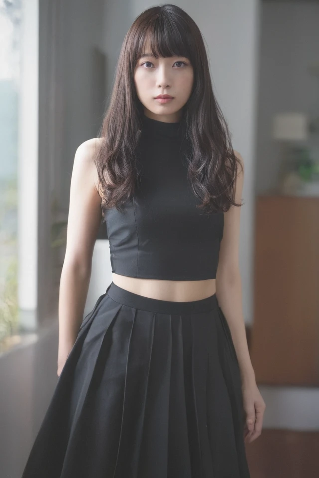 score_9,score_8_up,score_7_up,source_photo,masterpiece,4k,high quality,(best quality:1.1),black evening dress,1girl,solo,long hair,bangs,pleated skirt,looking at viewer,standing,cowboy shot,black hair,arms at sides,brown hair,realistic,lips,closed mouth,black eyes,blurry background,brown eyes,day,blurry,indoors,window,,<lora:PONY-Fukagawa Mai:0.8>