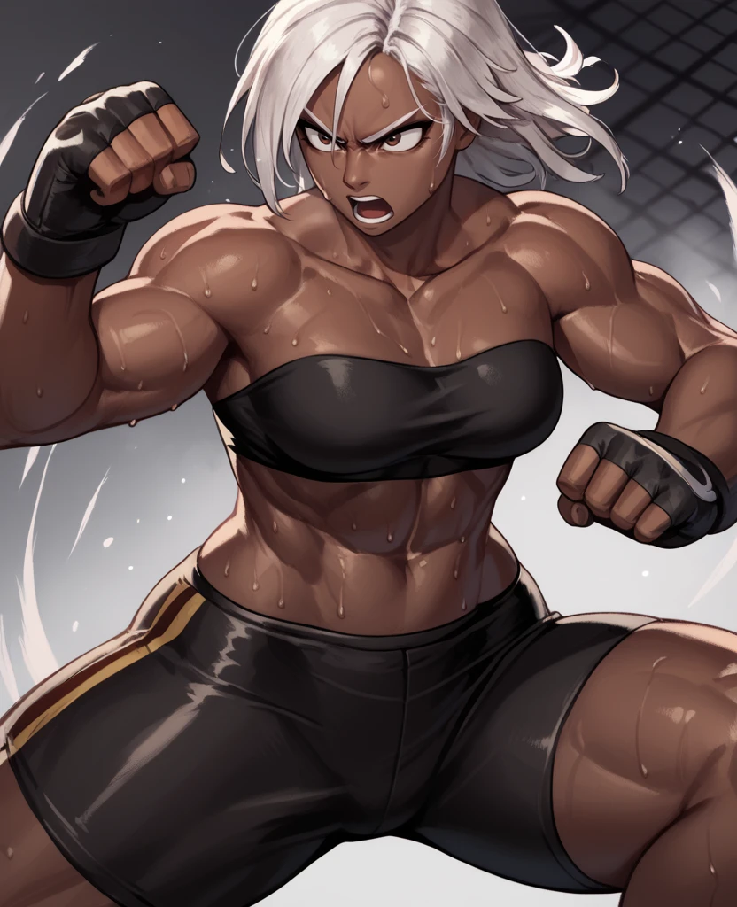 score_9,score_8_up,score_7_up,score_6_up,VannesaXL,white hair,dark skin,brown eyes,dark skin,sweat,serious,closed fists,black strapless tube top,black bike shorts,collarbone,bare shoulders,fingerless gloves,arena,steel cage,fighting stance,open mouth,
<lora:VennesaXL:0.9>,