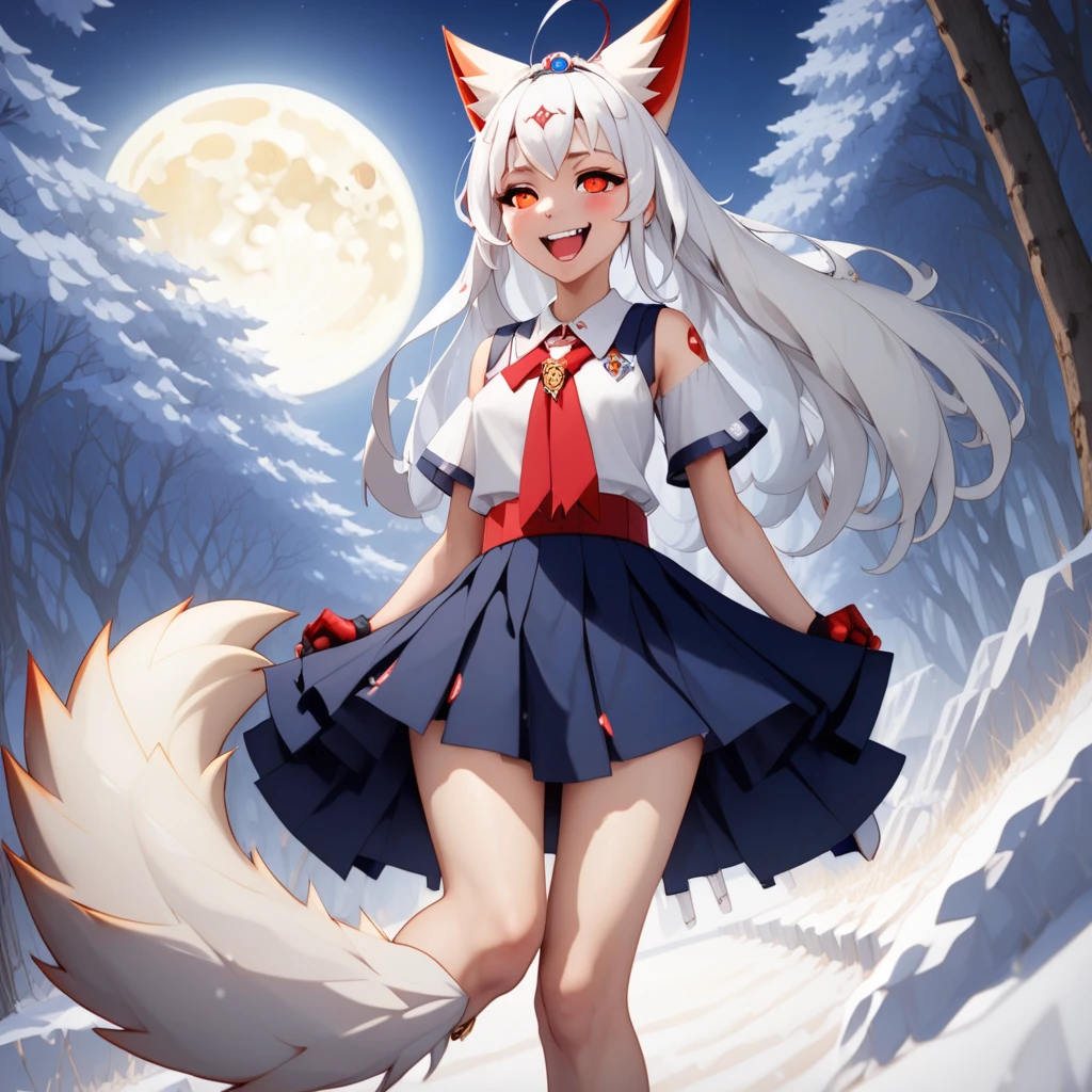 headband, blood on arm, moon, detached sleeves, school uniform, pelvic curtain, yellow eyes, lips, feet, sash, scenery, fox ears, sweat, smile, red eyes, blue skirt, white hair, headdress, sleeveless, bag, shoulder armor, night, clothing aside, snow, spikes