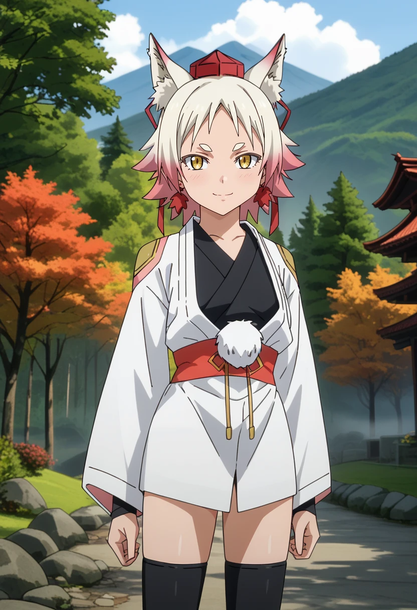 score_9,
<lora:TenSura_MomijiXL:0.9>, MomijiTenSura,
1girl, solo, closed mouth, light smile,
multicolored hair, white hair, pink hair, yellow eyes, wolf ears, hair ribbon, earrings, leaf,
tokin hat, red headwear, white kimono, black shirt, red sash, pom pom (clothes), long sleeves, black thighhighs, tabi,
standing, looking at viewer,
photo background, blurry background, fog, scenery, mountains, forest,