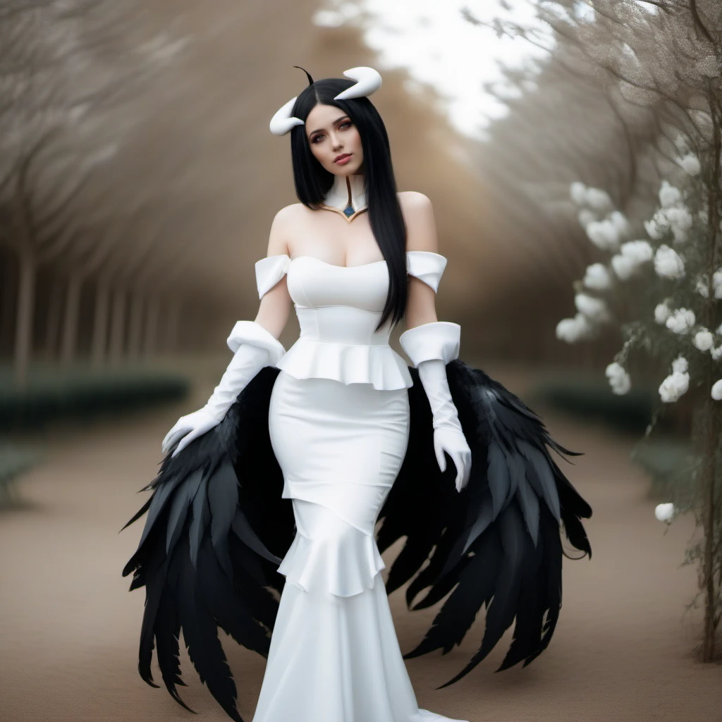 cinematic photo full body portrait of 1girl, breast, horns, black long hair, gloves, big black wings, white dress, garden  <lora:Albedo1024:0.8> . 35mm photograph, film, bokeh, professional, 4k, highly detailed