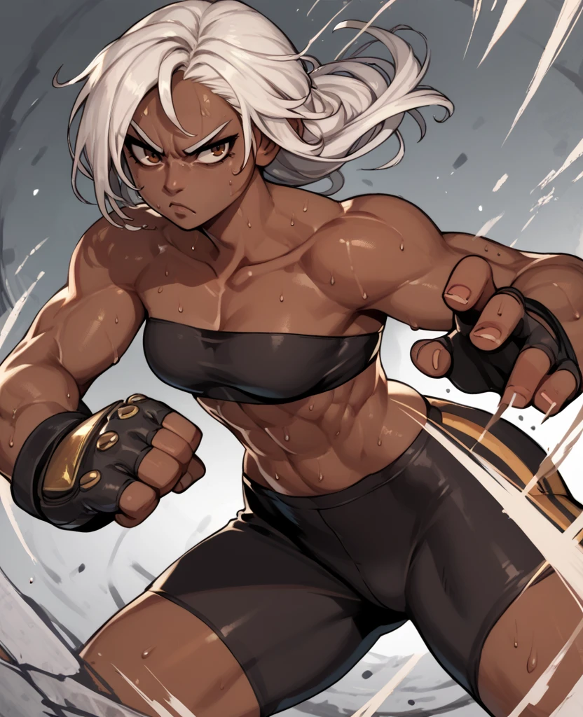 score_9,score_8_up,score_7_up,score_6_up,VannesaXL,white hair,dark skin,brown eyes,dark skin,sweat,serious,closed fists,black strapless tube top,bike shorts,collarbone,bare shoulders,fingerless gloves steel cage,fighting stance,
<lora:VennesaXL:0.8>,