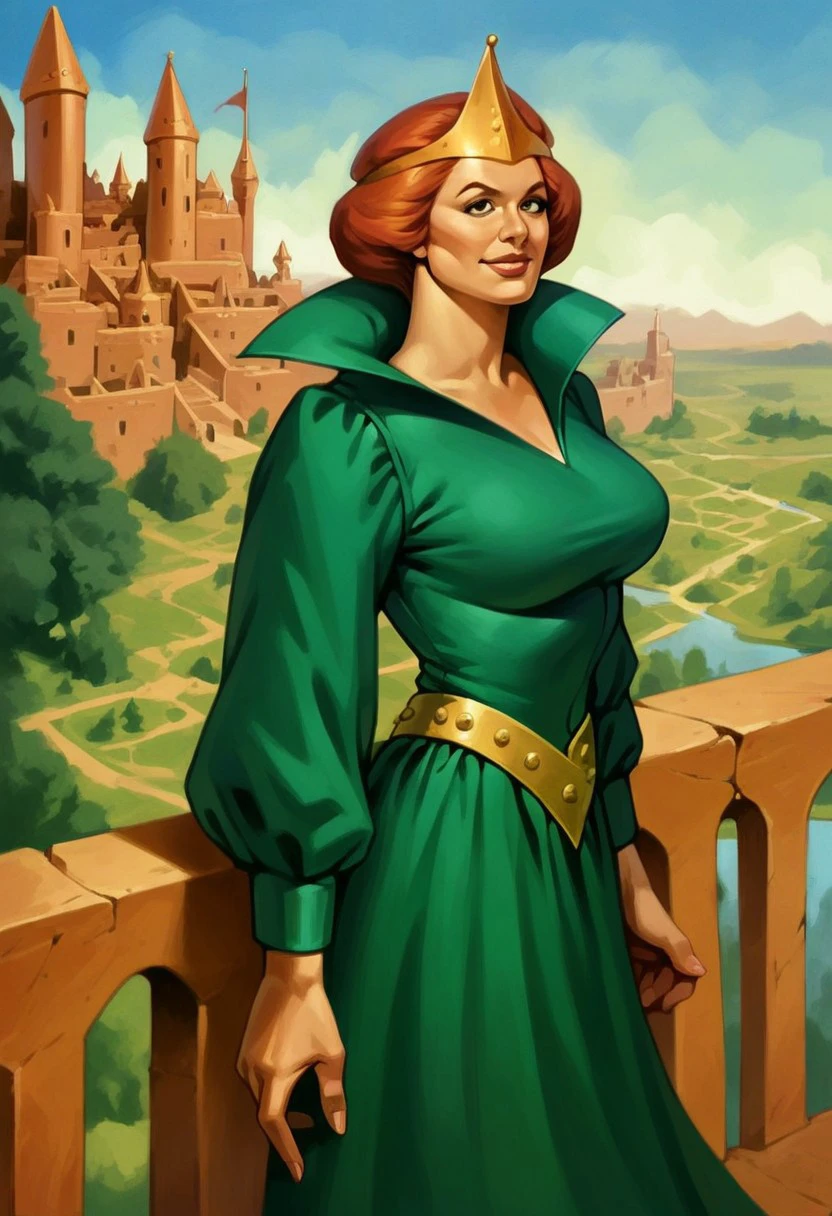 score_9_up, score_8_up, score_7_up, score_6_up, 1girl, solo, (queen_marlena), large breasts, Red hair, Gold Crown, Green Dress, Yellow Belt, standing on the balcony of a castle, fantasy landscape, warm smile, (realistic), (Painted art:1.3)