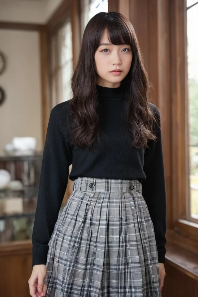 score_9,score_8_up,score_7_up,source_photo,masterpiece,4k,high quality,(best quality:1.1),black evening dress,1girl,solo,long hair,bangs,pleated skirt,looking at viewer,standing,cowboy shot,black hair,arms at sides,brown hair,realistic,lips,closed mouth,black eyes,blurry background,brown eyes,day,blurry,indoors,window,,<lora:PONY-Fukagawa Mai:0.8>