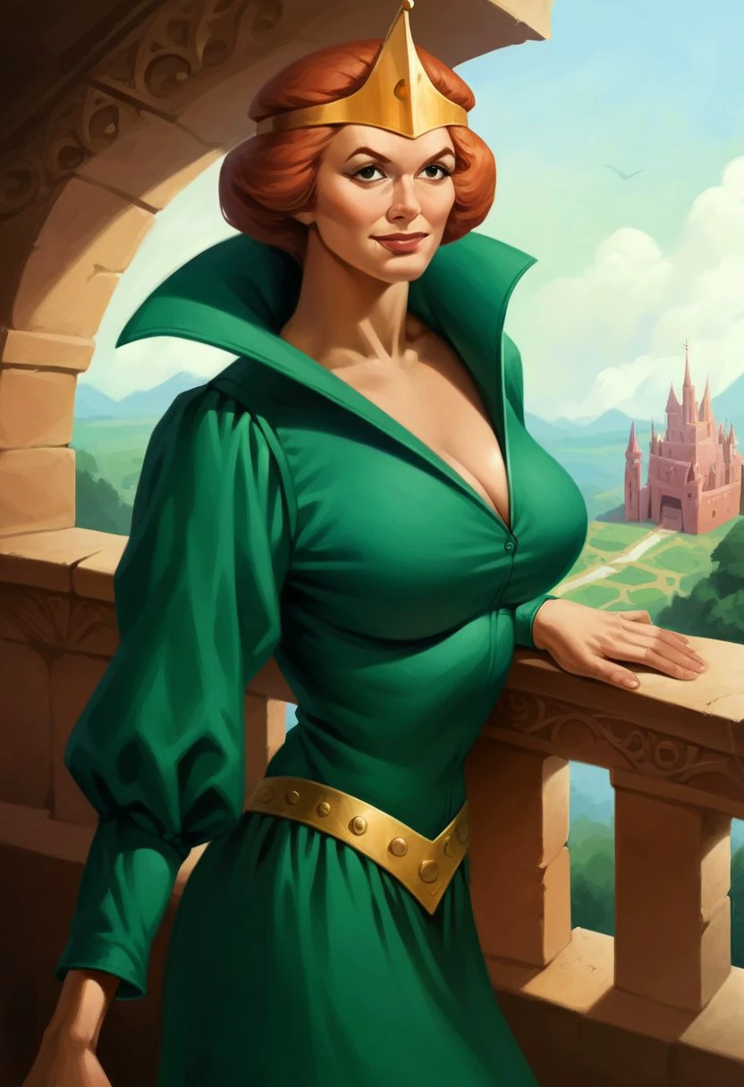 score_9_up, score_8_up, score_7_up, score_6_up, 1girl, solo, (queen_marlena), large breasts, Red hair, Gold Crown, Green Dress, Yellow Belt, standing on the balcony of a castle, fantasy landscape, warm smile, (realistic), (Painted art:1.3)