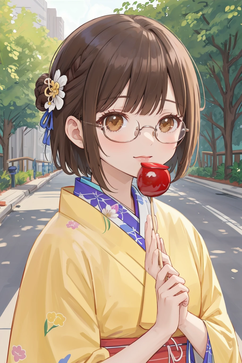 masterpiece, best quality, very aesthetic, absurdres, glasses,
ringoame, 1girl, food, brown hair,  japanese clothes, kimono, candy apple, hair ornament, looking at viewer, hair flower, brown eyes, flower, holding food, upper body, holding, short hair,  outdoors, bangs
<lora:ringoame_SD15_V1:0.8>