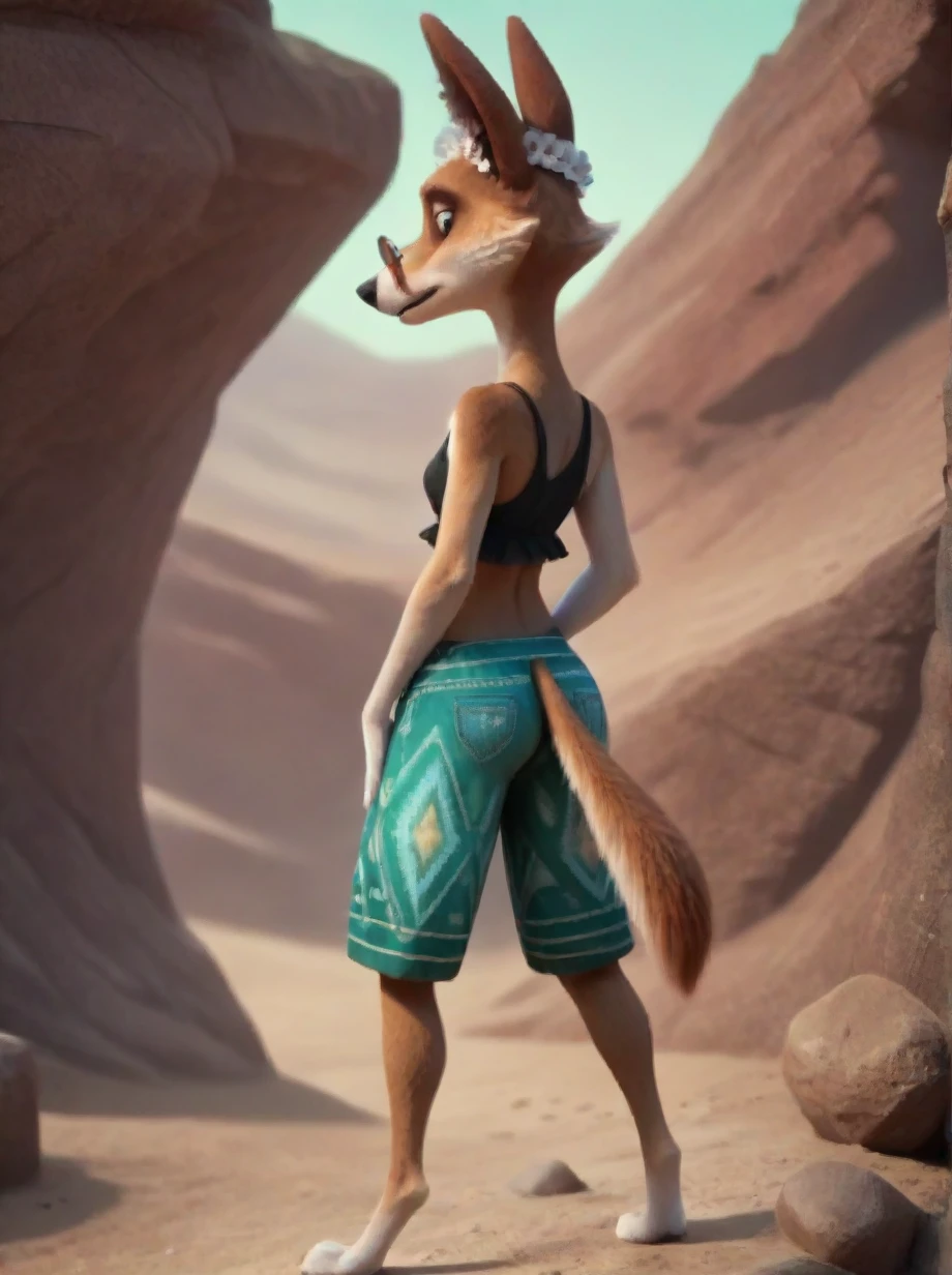 score_9_up, score_8_up, score_7_up, score_6_up, score_5_up, Sheila, anthro, dingo, solo, 1girl, beckoning, hand motion, looking back, cliffside, desert, canyon, tall, skinny, looking at viewer, shorts, leaning on rock,