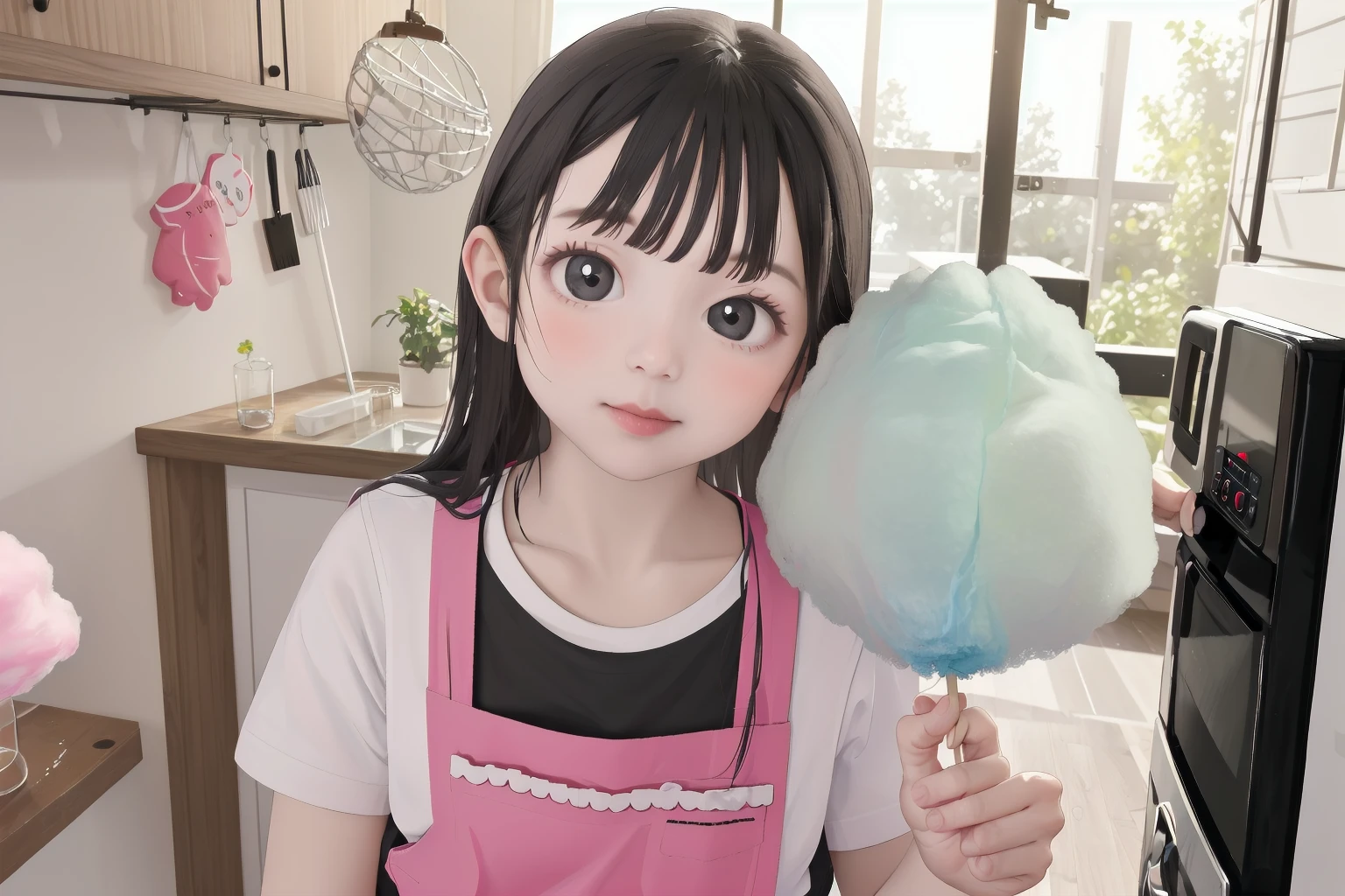 masterpiece, best quality, very aesthetic, absurdres, 
cotton candy, 1girl, black hair, solo, realistic, long hair, apron, indoors, holding, shirt, food, white shirt, skewer, holding food
, cooking,  
 <lora:wataame_SD15_V1:0.8>