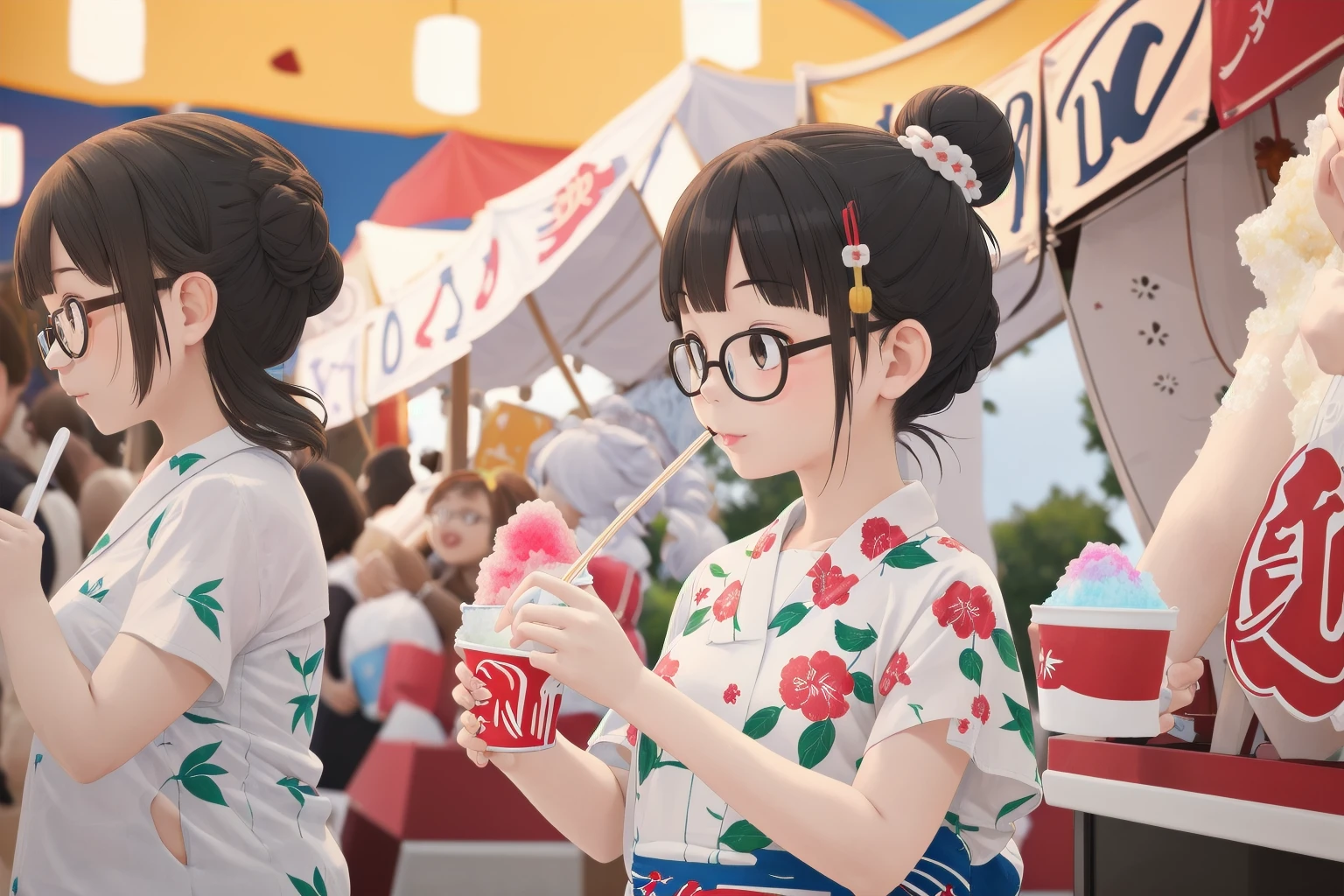 masterpiece, best quality, very aesthetic, absurdres,
1girl, solo, glasses, black hair, short hair, hair bun, hair ornament, yukata, floral print, 
holding spoon, holding, holding food, kakikoori_red, shaved ice, cup, food, spoon, outdoors, yatai, blurry background, 
<lora:kakikoori_SD15_V2:1>