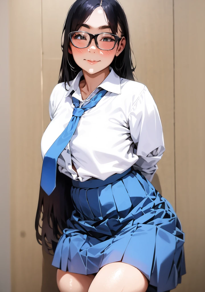 1girl,glasses,white shirt,blue skirt,neck tie , <lora:Thai_school_uniform_1.2:0.8>,