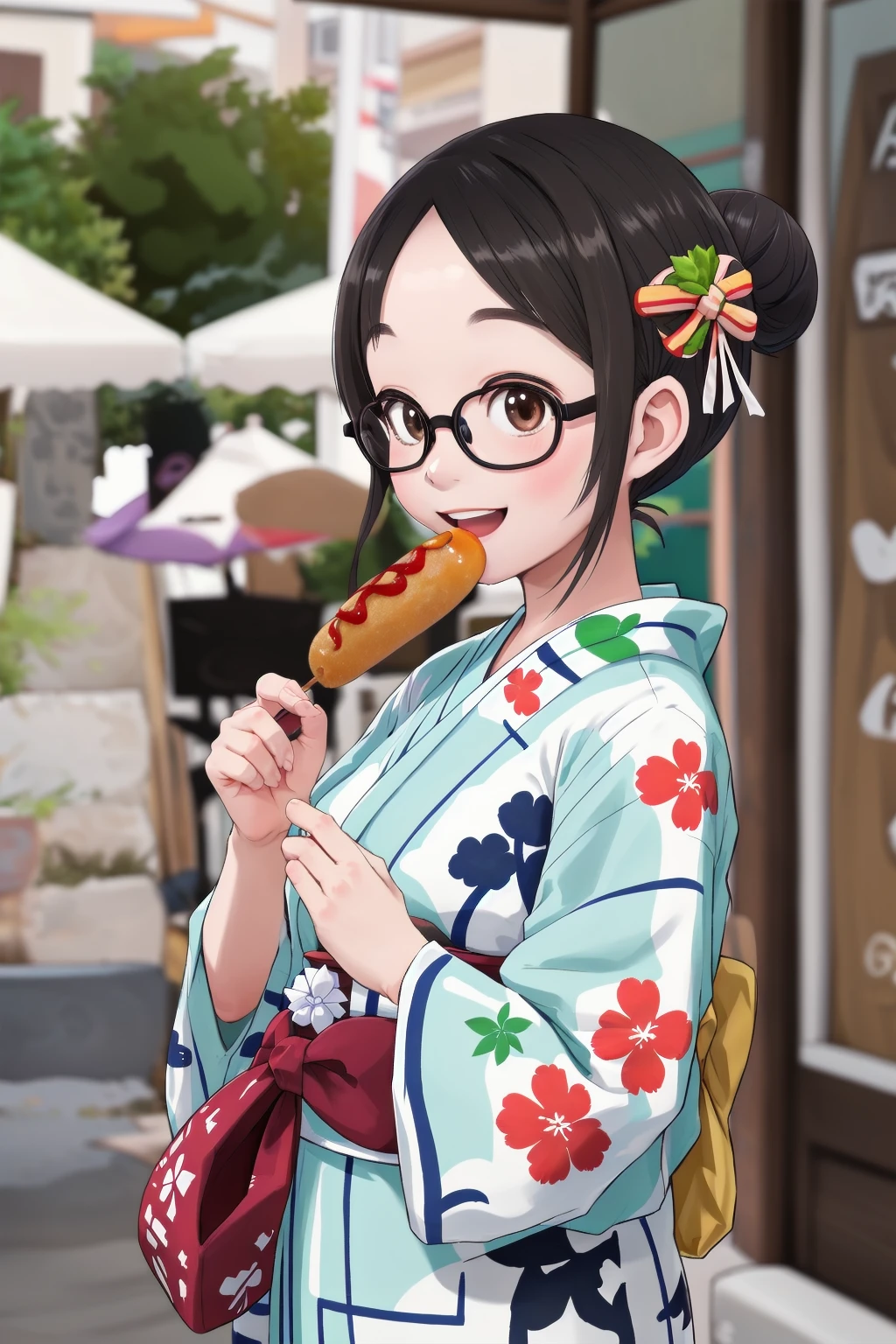 masterpiece, best quality, very aesthetic, absurdres, 
1girl, solo, glasses, black hair, short hair, hair bun, yukata, happy, smile, holding, holding food, food, outdoors, depth of field, blurry background,
american_dog, skewer, ketchup
 <lora:american_dog_SD15_V1:0.8>